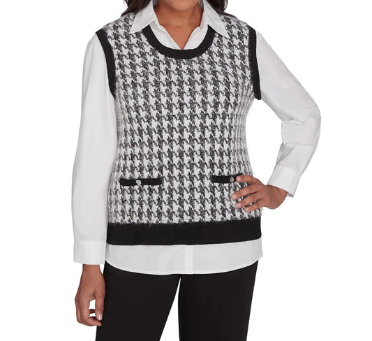 HOUNDSTOOTH VEST/BLOUSE 2FER - BLACK/WHITE