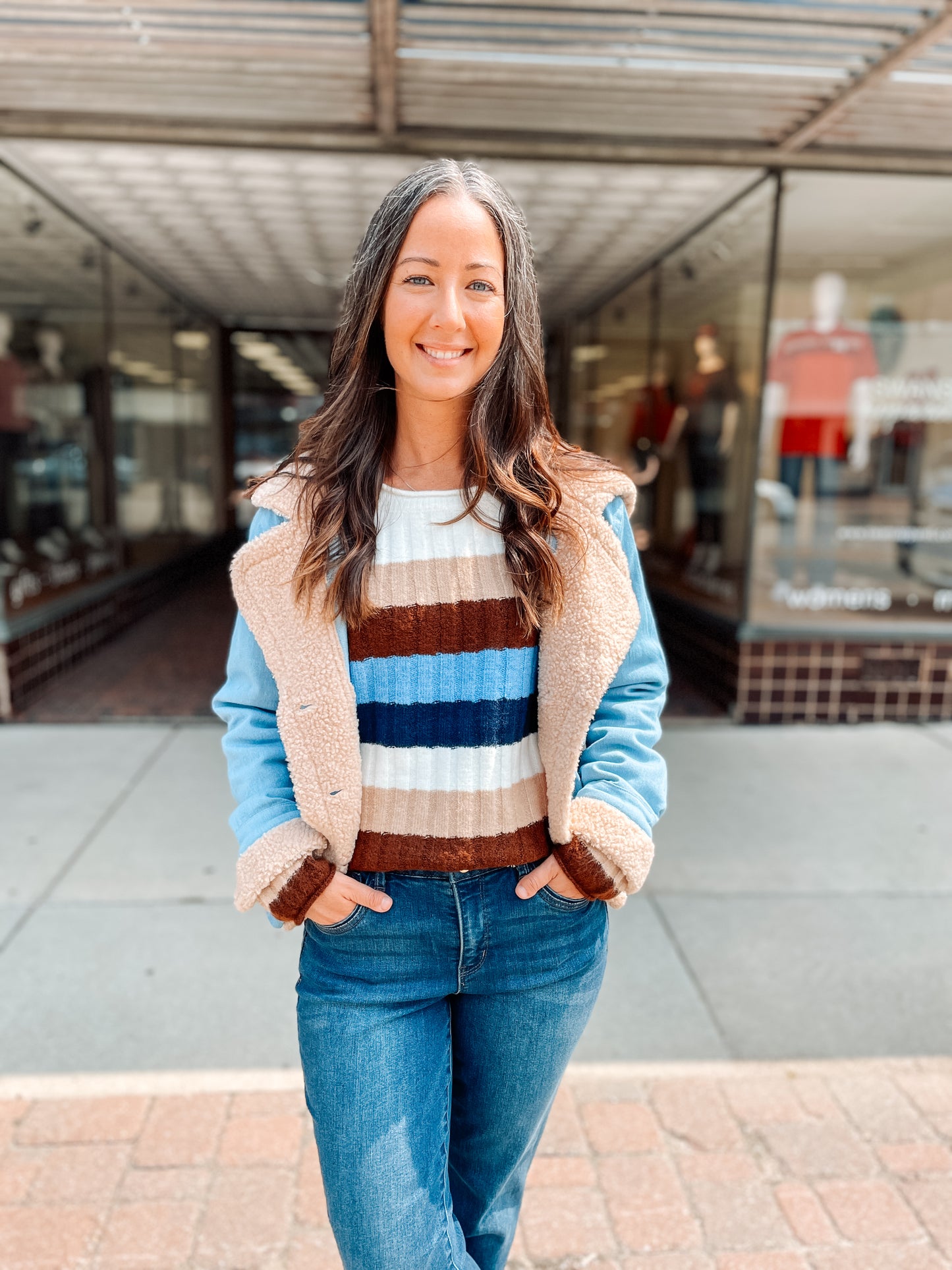 FAUX FUR TRIM JACKET - BLUE COMBO