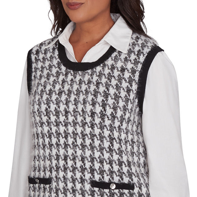 HOUNDSTOOTH VEST/BLOUSE 2FER - BLACK/WHITE