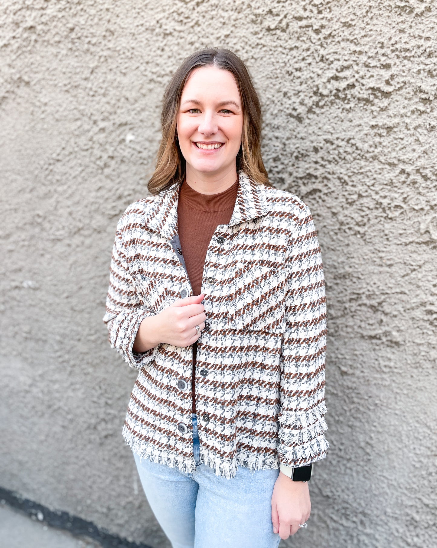 TRIPLE FRINGE HOUNDSTOOTH JACKET - IVORY/GOLD