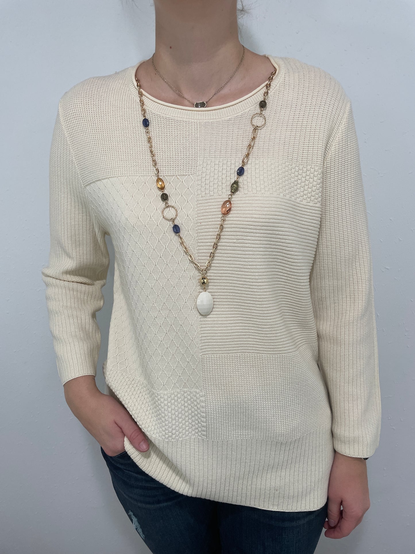 MIX PATTERN SWEATER WITH NECKLACE - IVORY