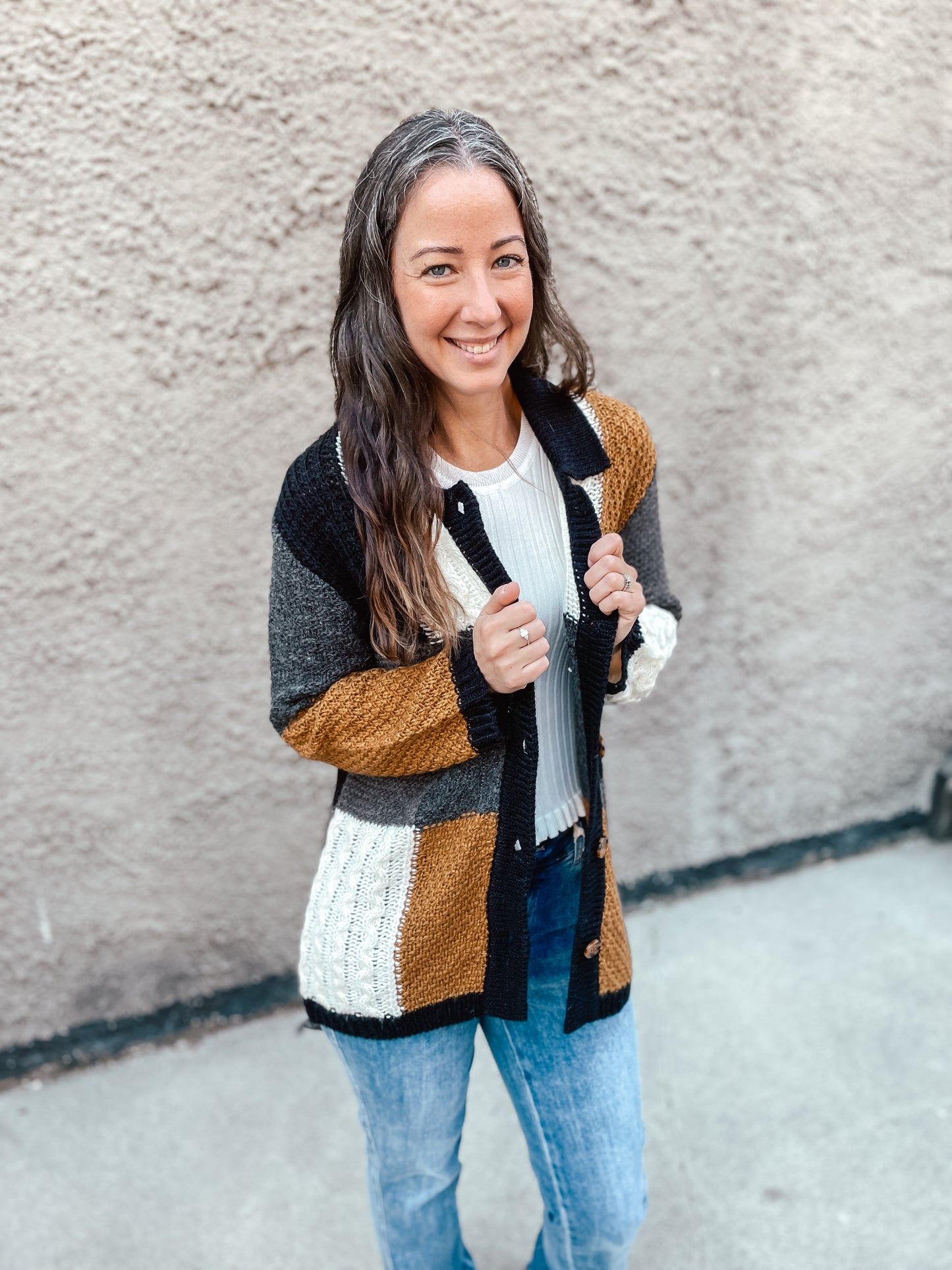 PATCHWORK COLORBLOCK CARDIGAN - BLACK/GREY/GOLD/IVORY