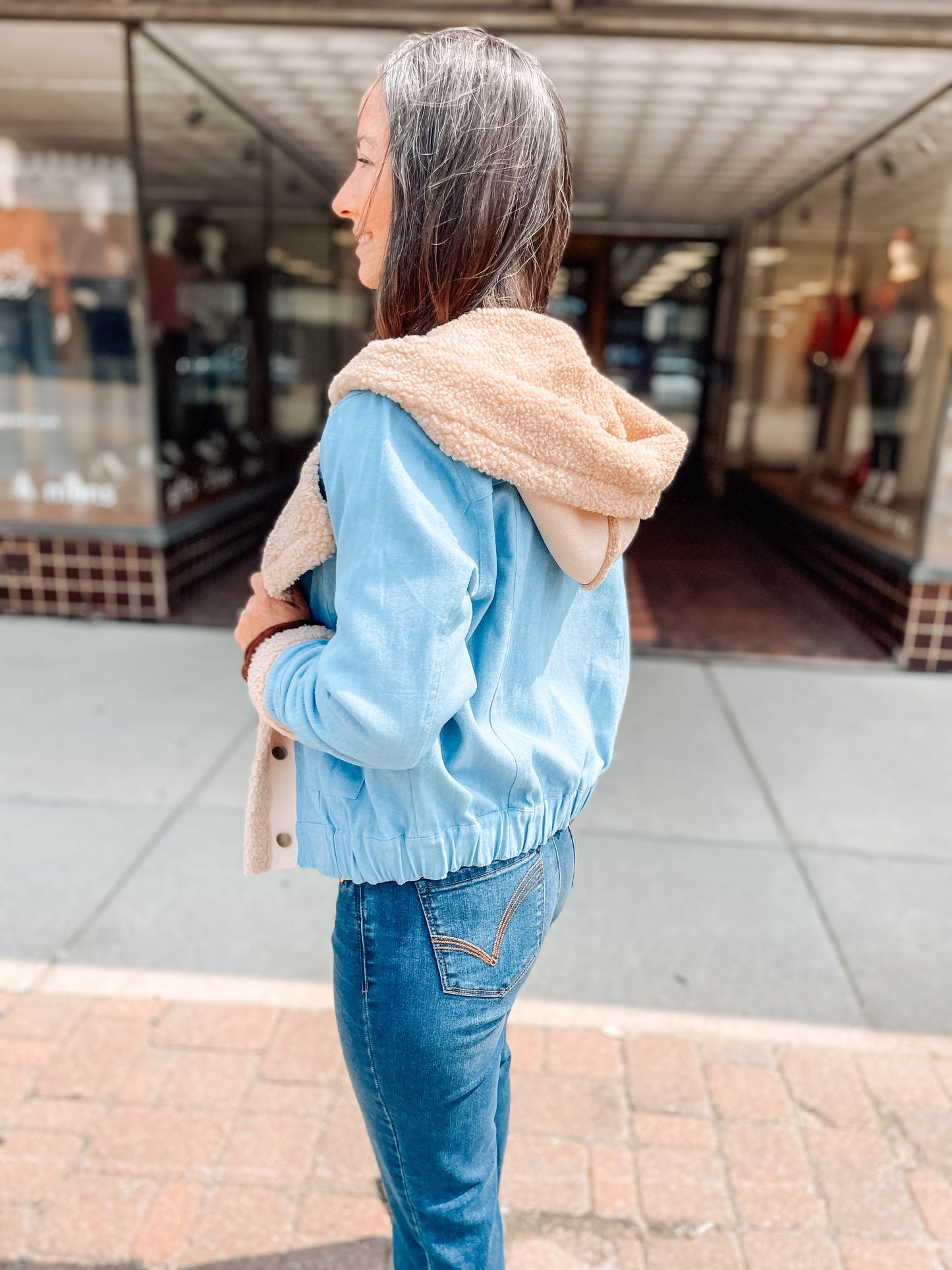 FAUX FUR TRIM JACKET - BLUE COMBO