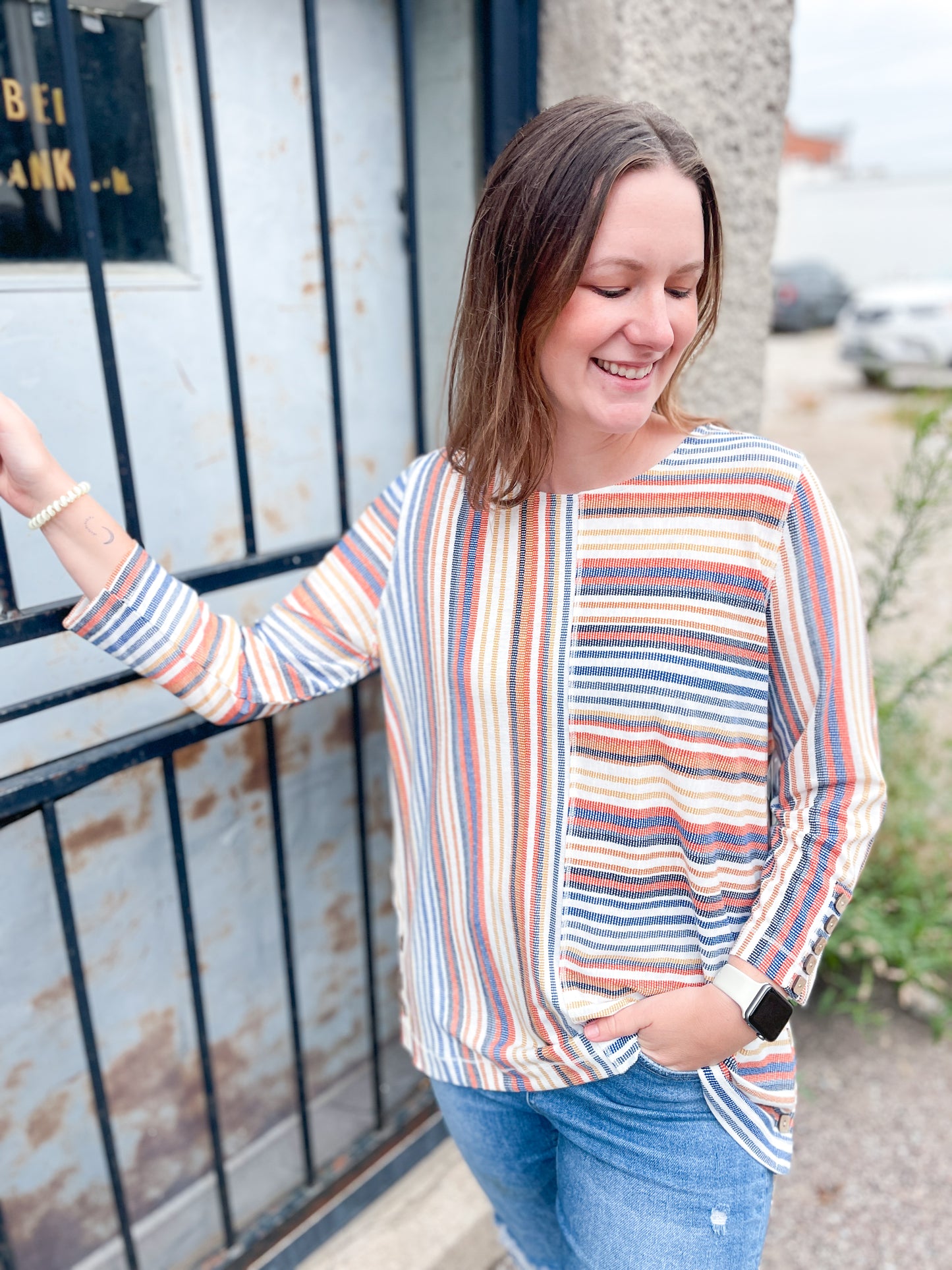 WHICH WAY STRIPED TOP - BLUE/ORANGE MULTI