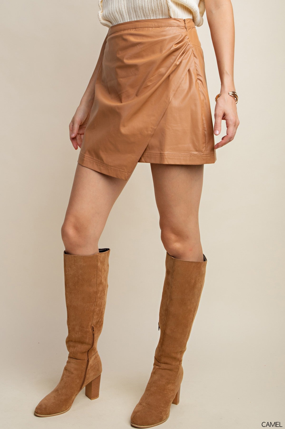 FAUX LEATHER CROSSOVER SKIRT - CAMEL