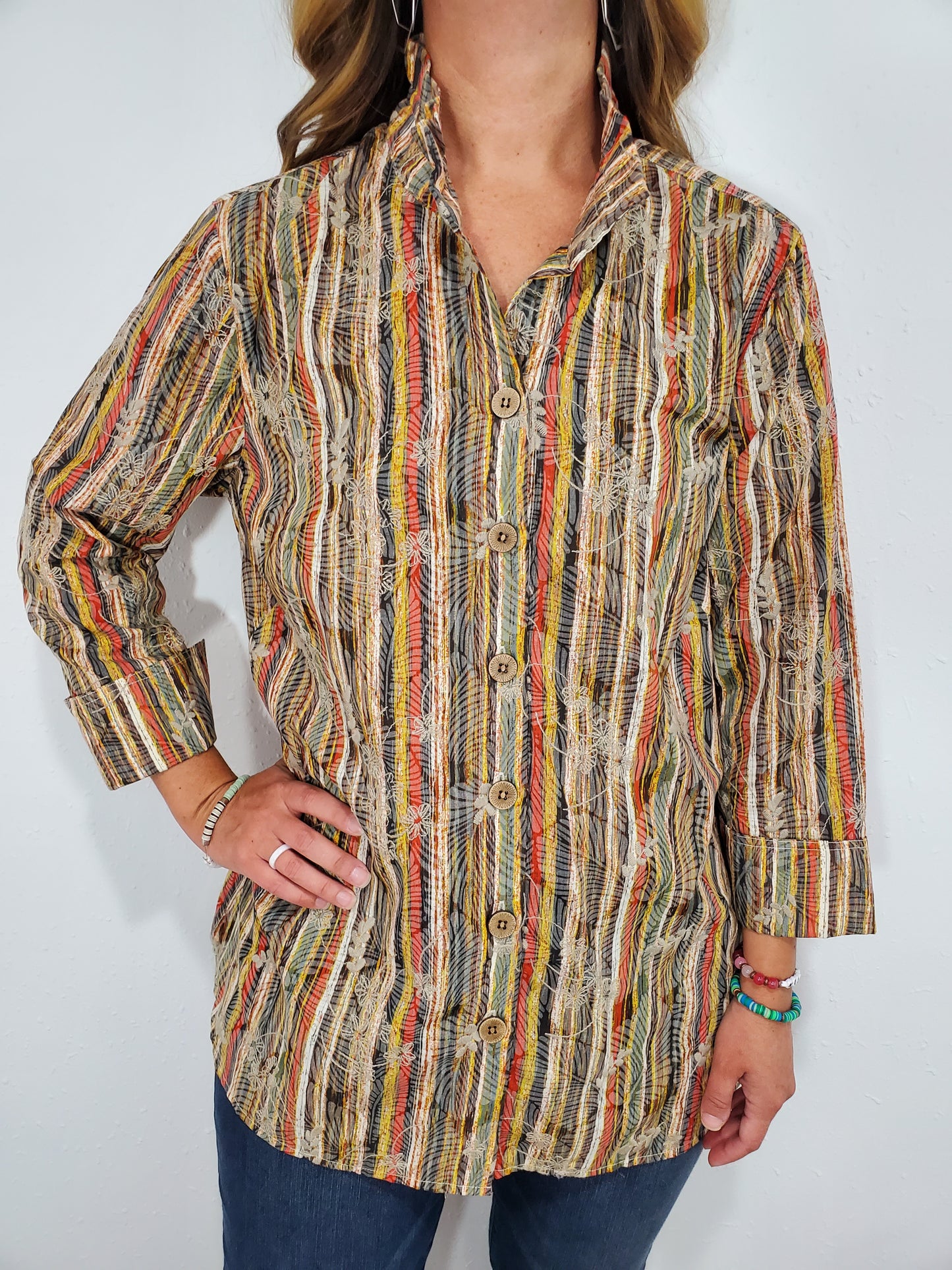 EMBROIDERED BUTTON UP BLOUSE - TAN MULTI