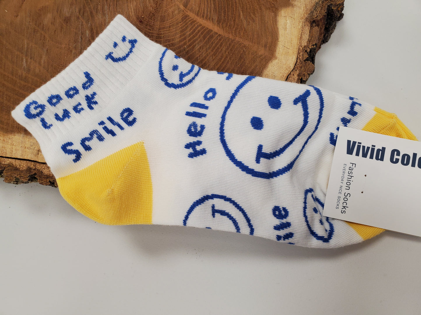SMILEY FACE ANKLE SOCKS - BLUE/YELLOW