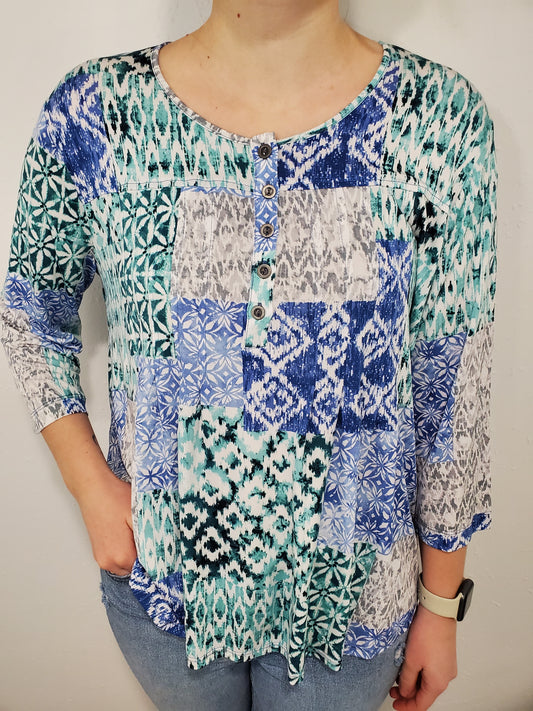KELLY ABSTRACT PRINT TOP - BLUE MULTI