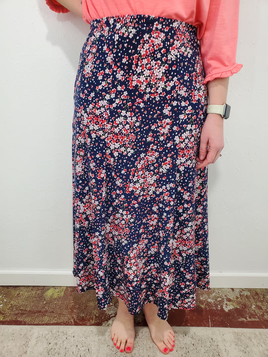 BRIGHT IDEA FLORAL SKIRT - NAVY/CORAL