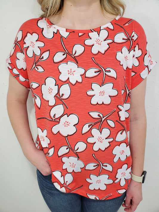 MAY FLOWERS BUTTON BACK TOP - CORAL/WHITE