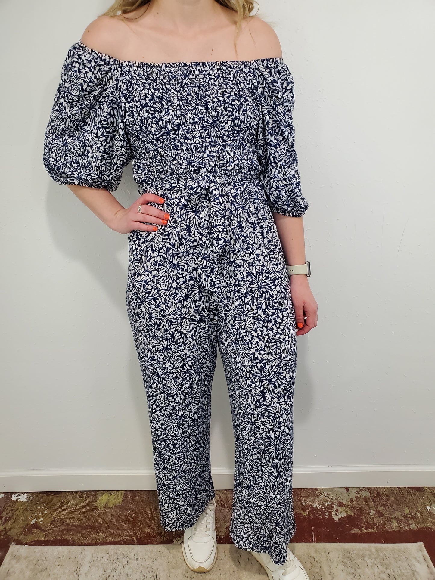 COASTAL VIBES SMOCKED JUMPSUIT - OCEAN BLUE MULTI