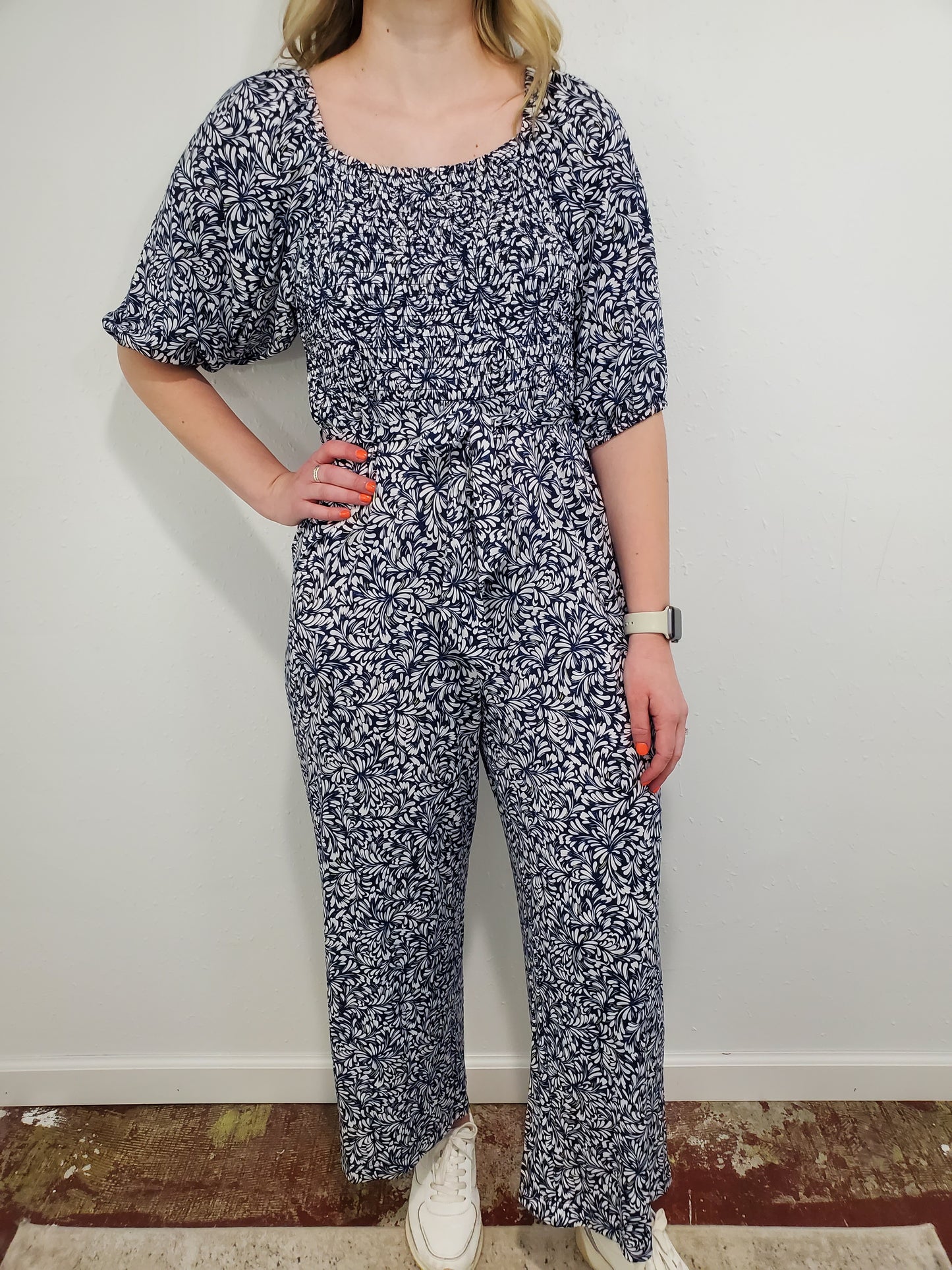 COASTAL VIBES SMOCKED JUMPSUIT - OCEAN BLUE MULTI