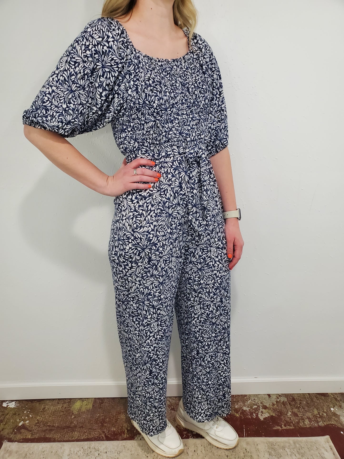 COASTAL VIBES SMOCKED JUMPSUIT - OCEAN BLUE MULTI