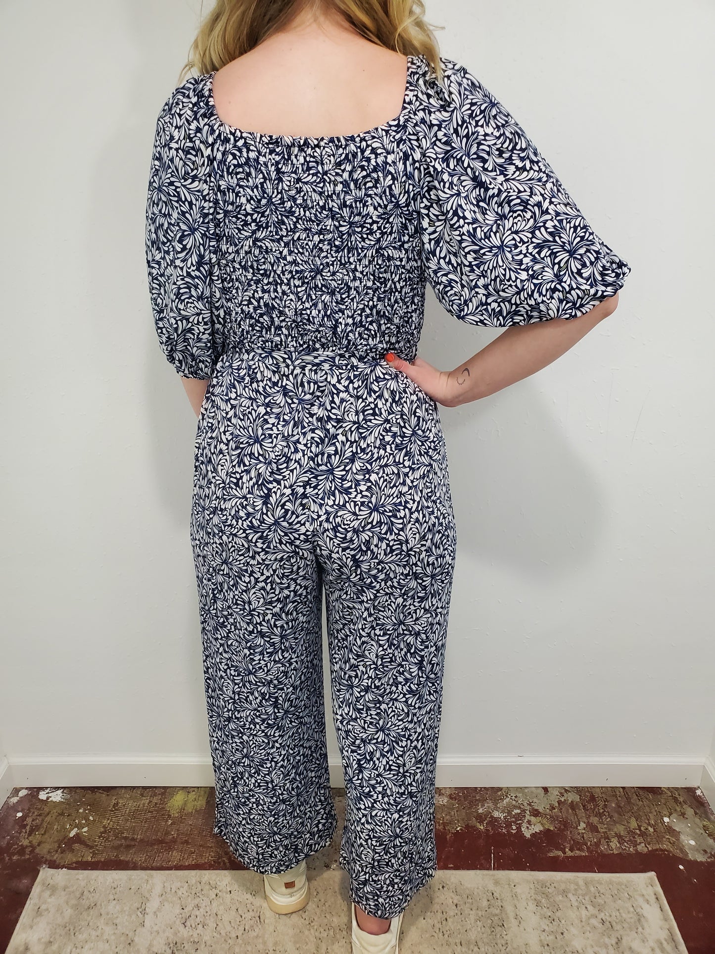 COASTAL VIBES SMOCKED JUMPSUIT - OCEAN BLUE MULTI