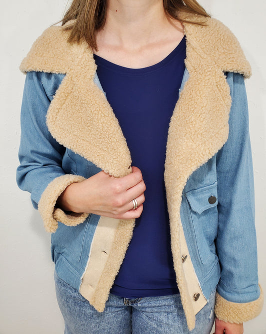 FAUX FUR TRIM JACKET - BLUE COMBO