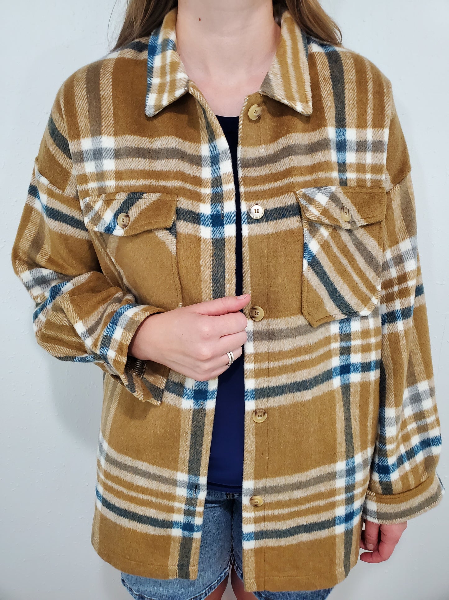 SKYLAR PLAID SHACKET - CAMEL/BLUE