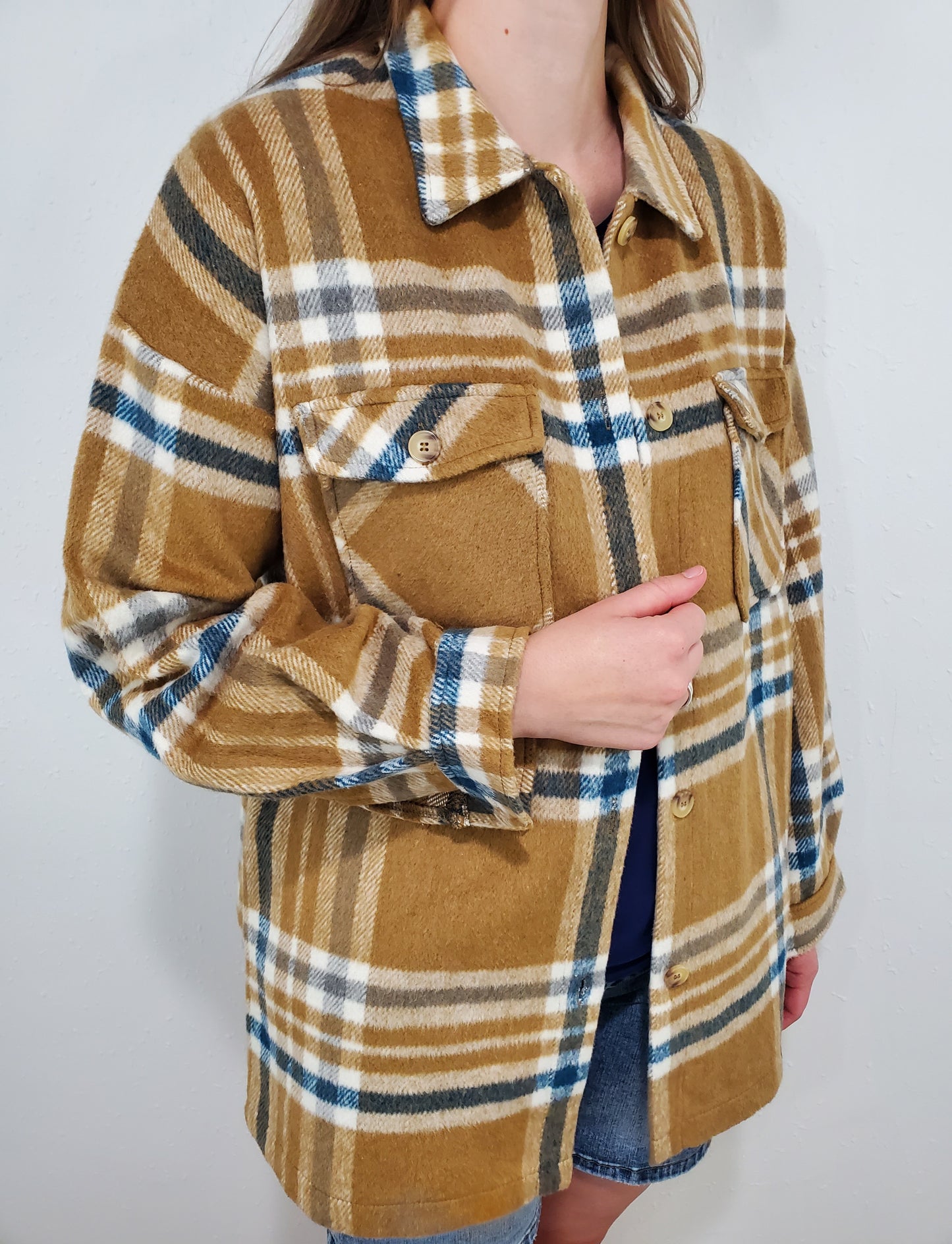 SKYLAR PLAID SHACKET - CAMEL/BLUE