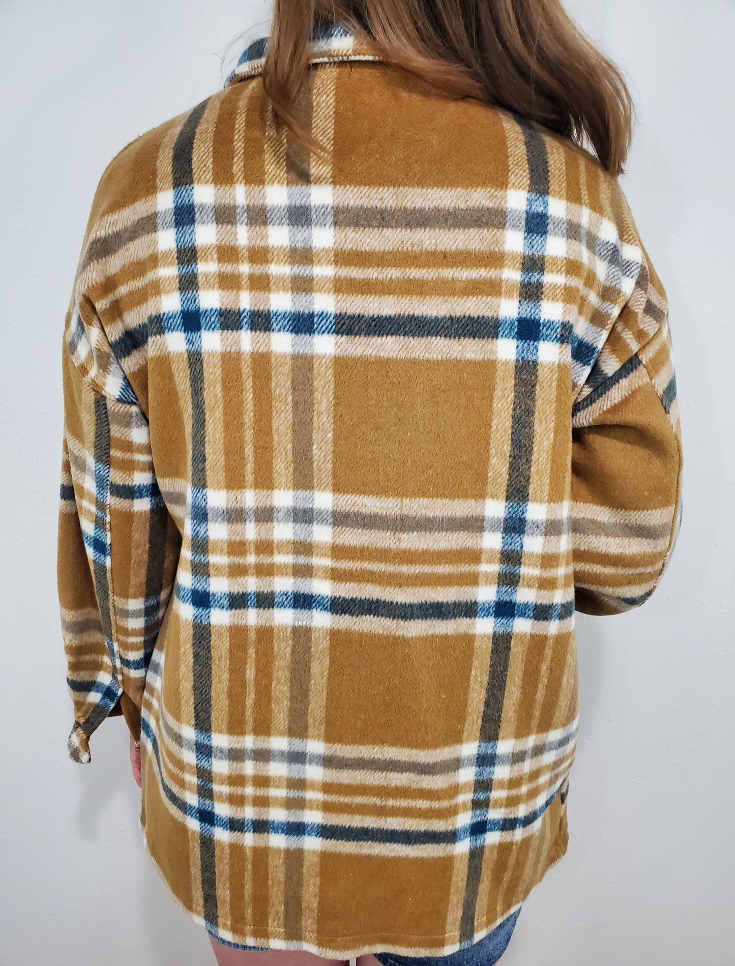 SKYLAR PLAID SHACKET - CAMEL/BLUE