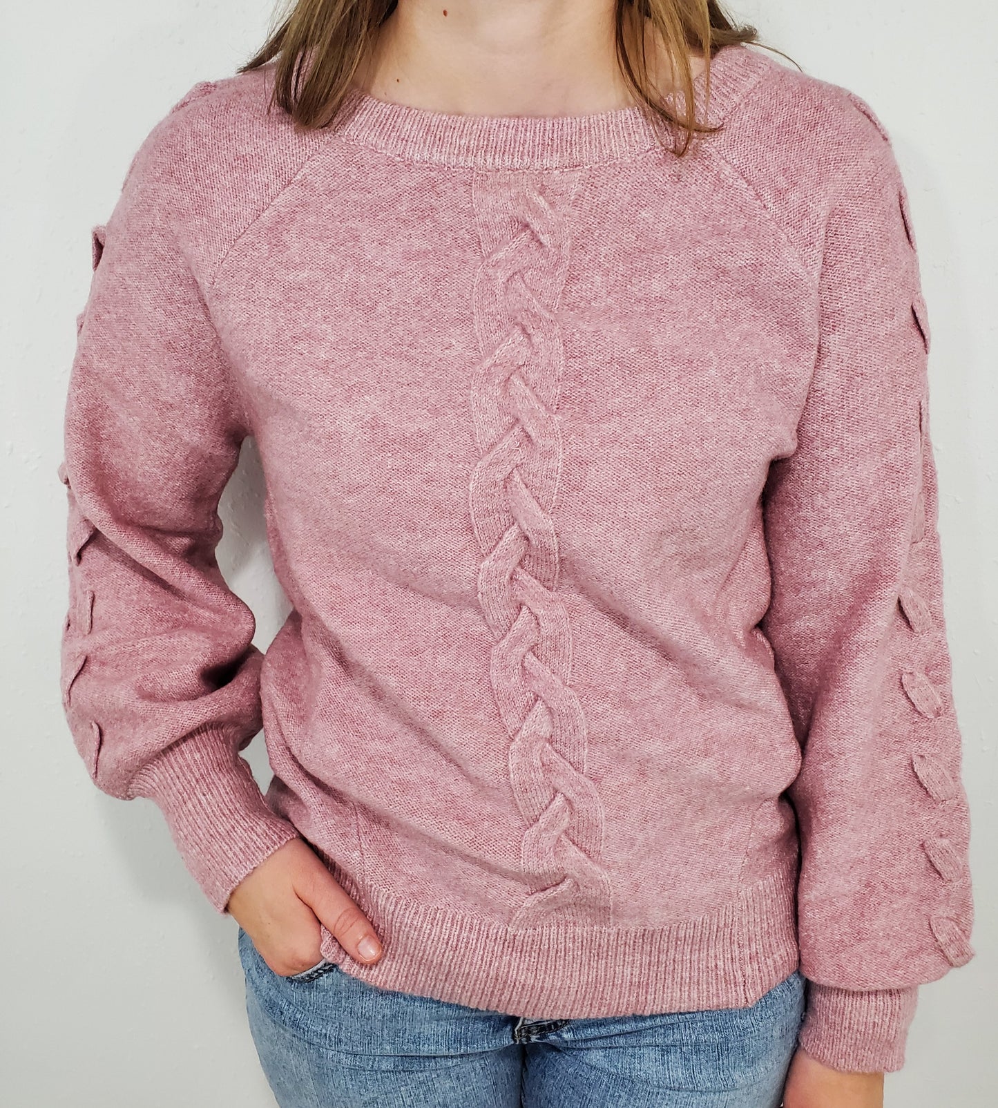 MELANGE CABLE KNIT SWEATER - MAUVE