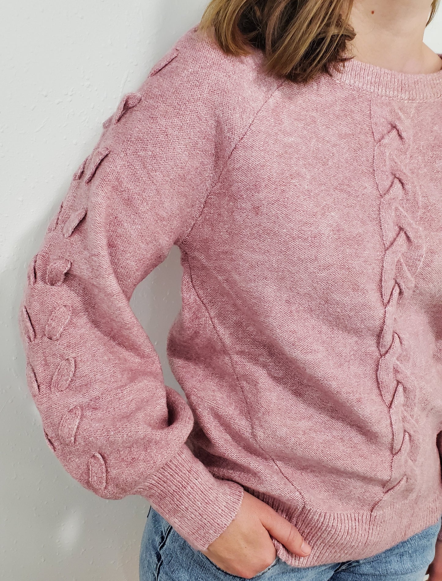 MELANGE CABLE KNIT SWEATER - MAUVE