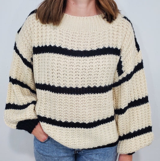 MOCK NECK STRIPED SWEATER - IVORY/BLACK