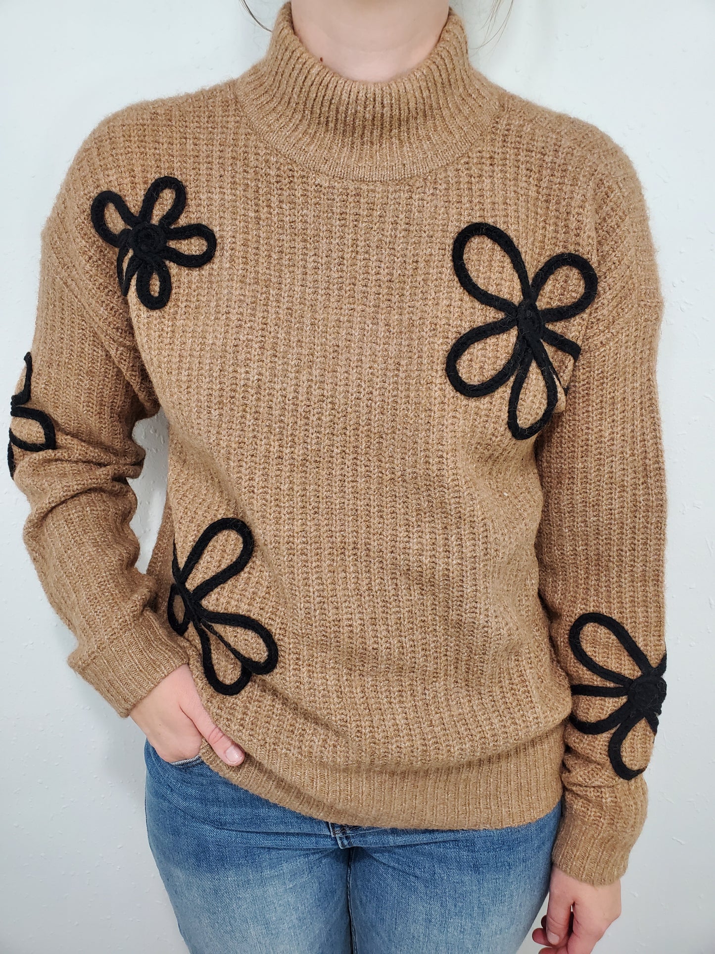 CHARLIE B MOCK NECK FLOWER SWEATER - TRUFFLE