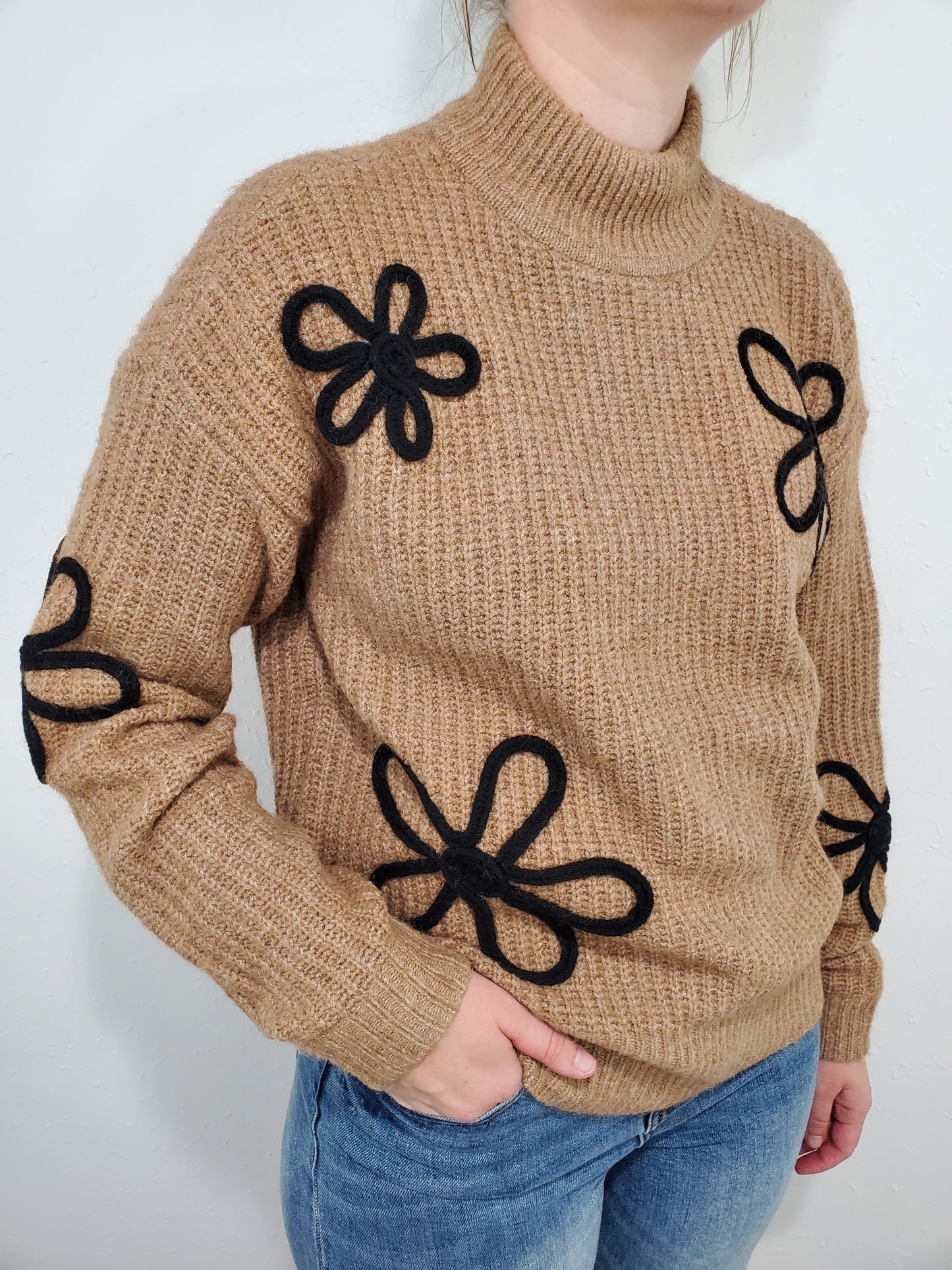 CHARLIE B MOCK NECK FLOWER SWEATER - TRUFFLE