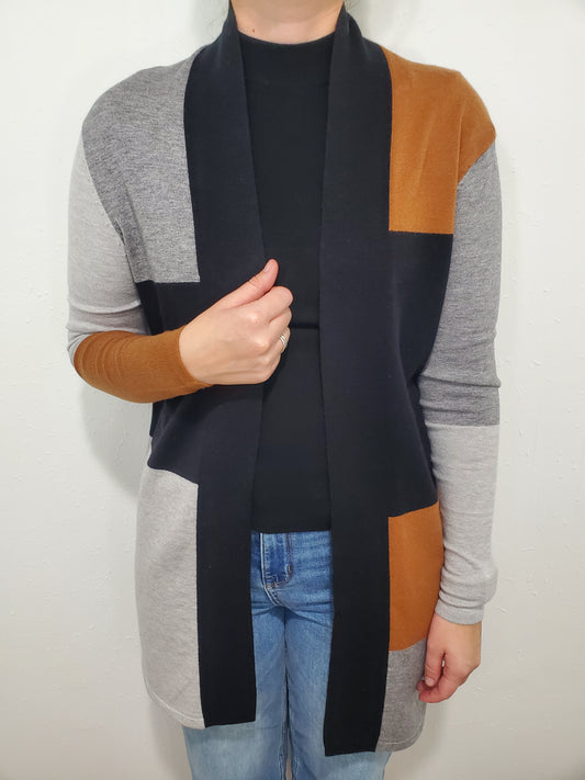 NEUTRAL COLORBLOCK CARDIGAN - BLACK/BROWN/GREY