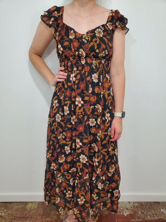 FALL FLORALS MIDI DRESS - BLACK/GOLD MULTI