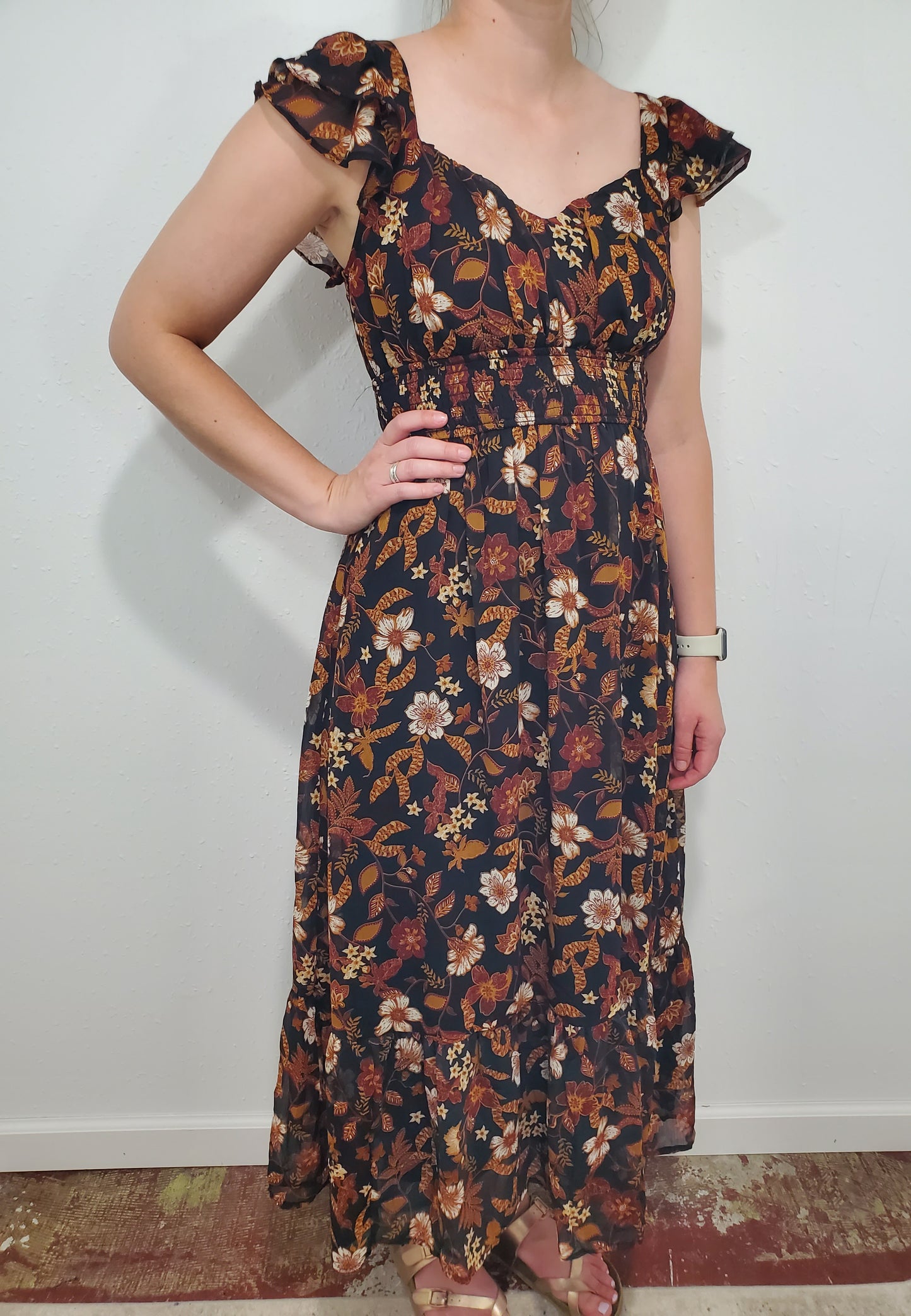 FALL FLORALS MIDI DRESS - BLACK/GOLD MULTI