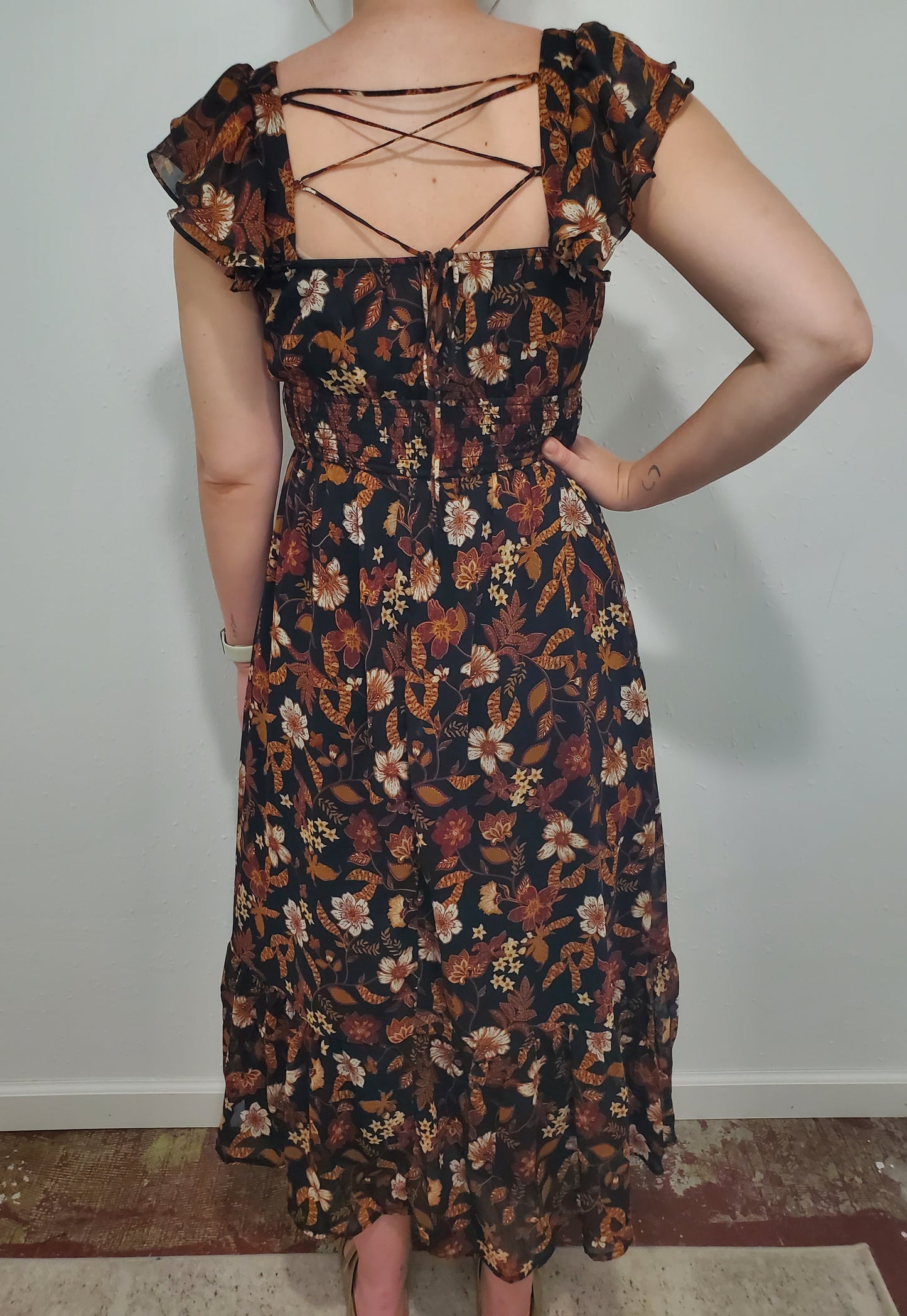 FALL FLORALS MIDI DRESS - BLACK/GOLD MULTI