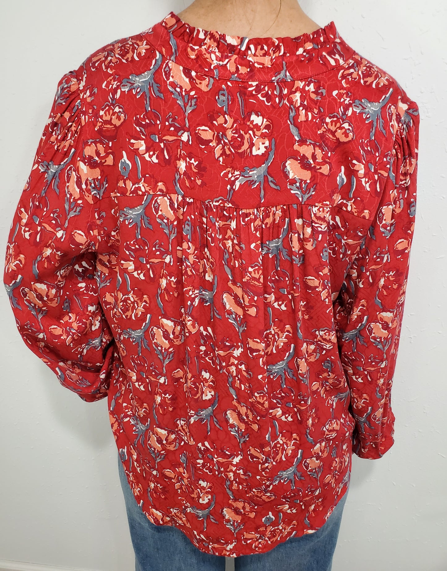 TRIBAL FLORAL BUTTON DOWN BLOUSE - SCARLET