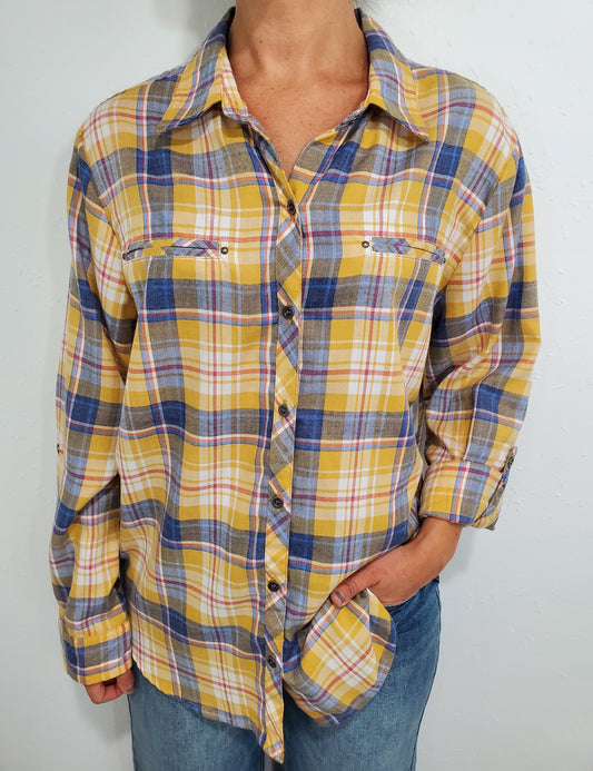 DENIM RUNWAY PLAID BLOUSE - BANANA/NAVY MULTI