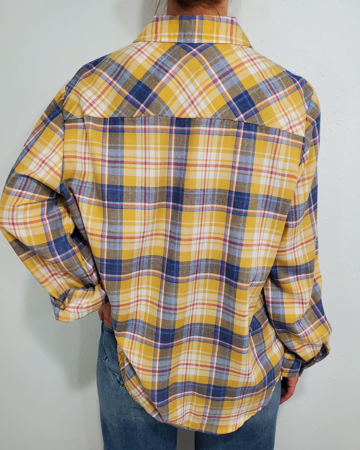 DENIM RUNWAY PLAID BLOUSE - BANANA/NAVY MULTI