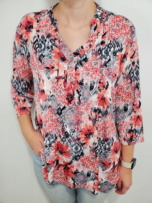 FLORAL GEO PRINT TOP - ROSE/GREY