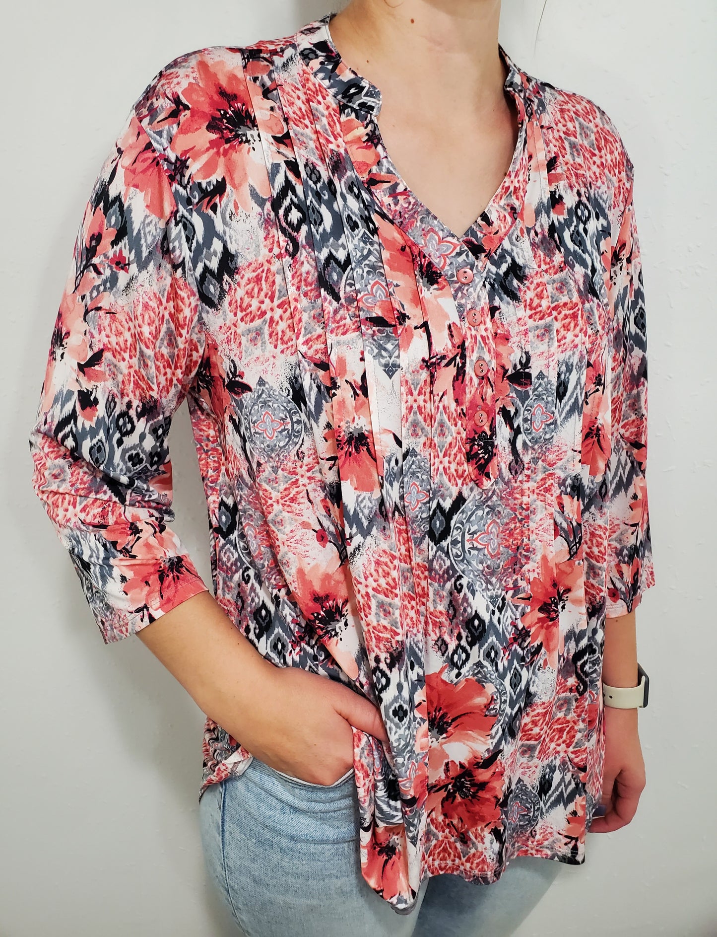 FLORAL GEO PRINT TOP - ROSE/GREY