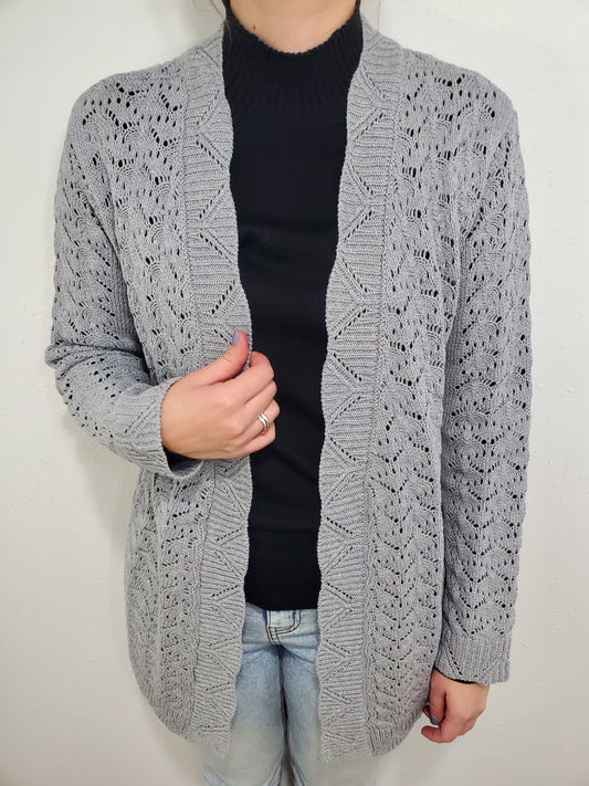 CROCHET KNIT CARDIGAN - GREY