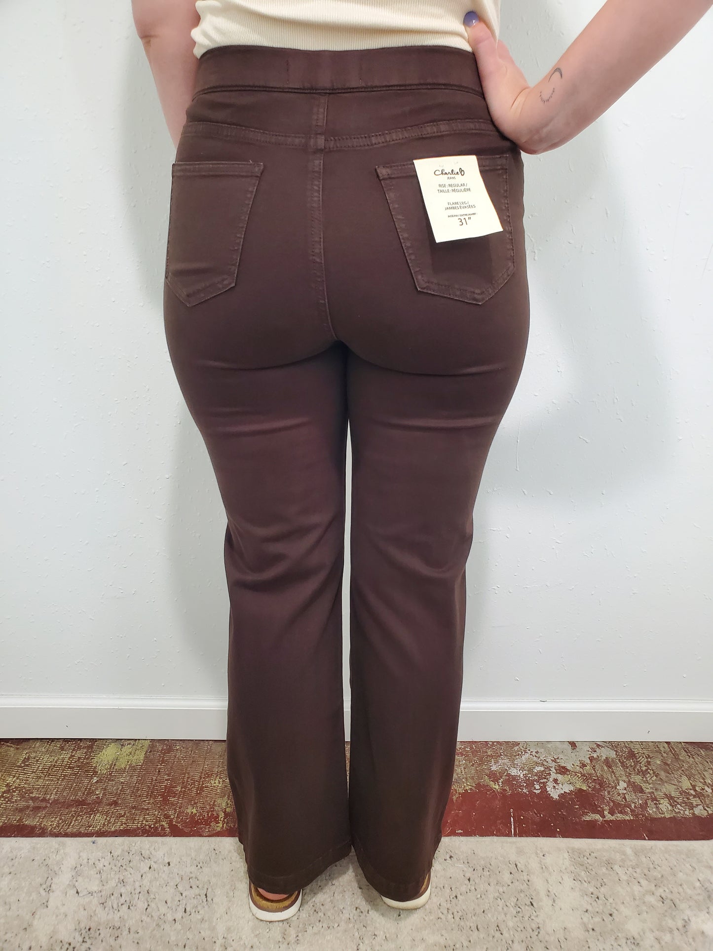 CHARLIE B PULL ON FLARE LEG PANT - MOCHA