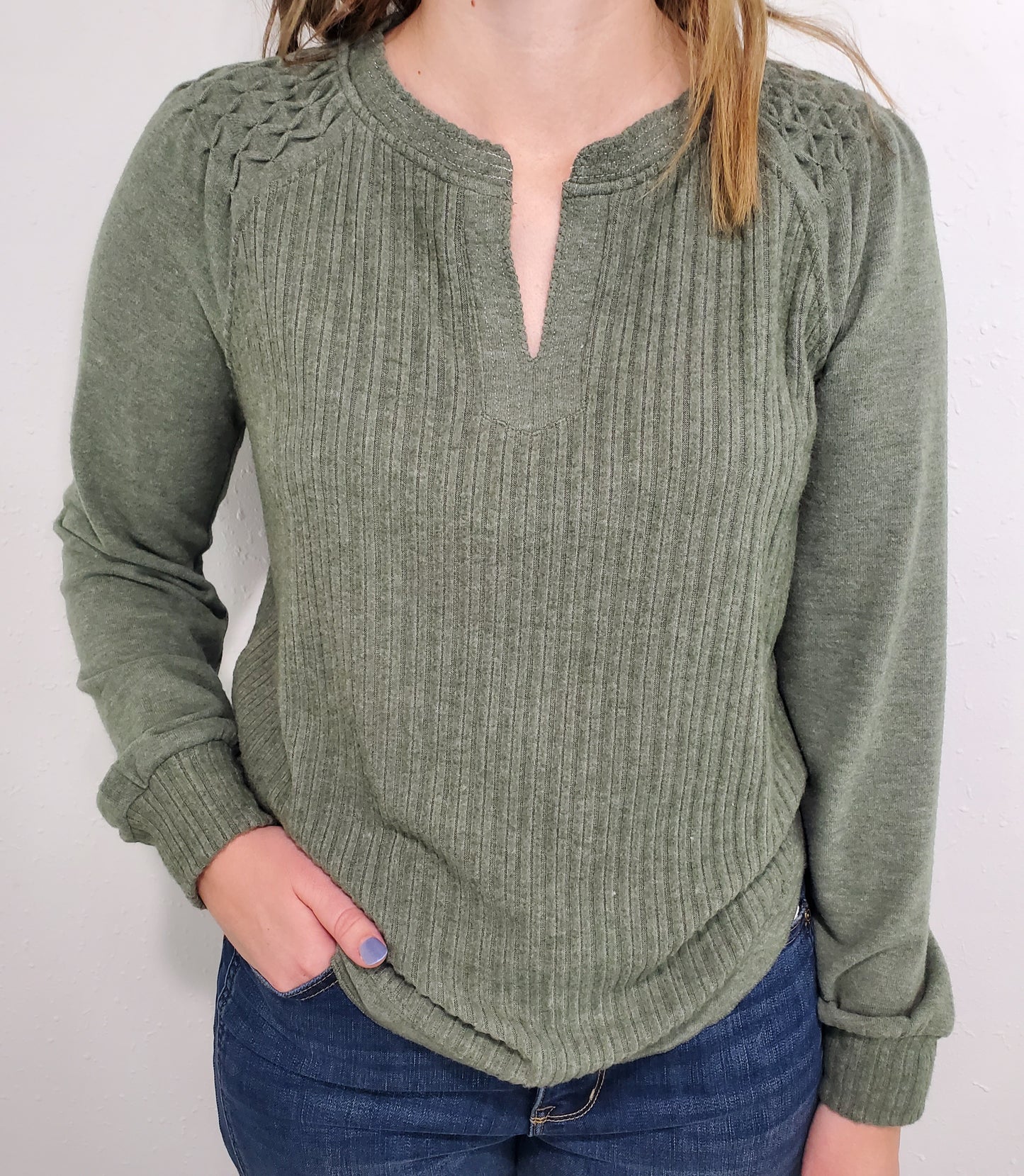 MIXED MEDIA TEXTURED TOP - HEATHER OLIVE