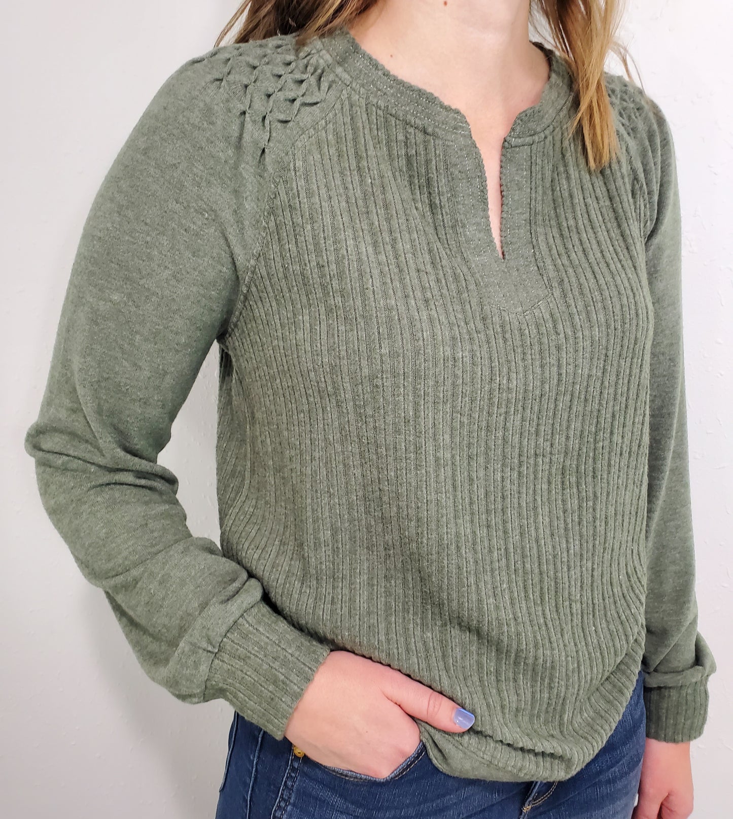 MIXED MEDIA TEXTURED TOP - HEATHER OLIVE