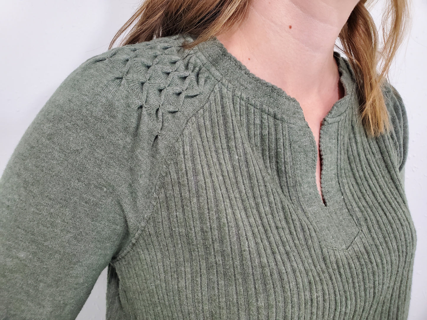 MIXED MEDIA TEXTURED TOP - HEATHER OLIVE