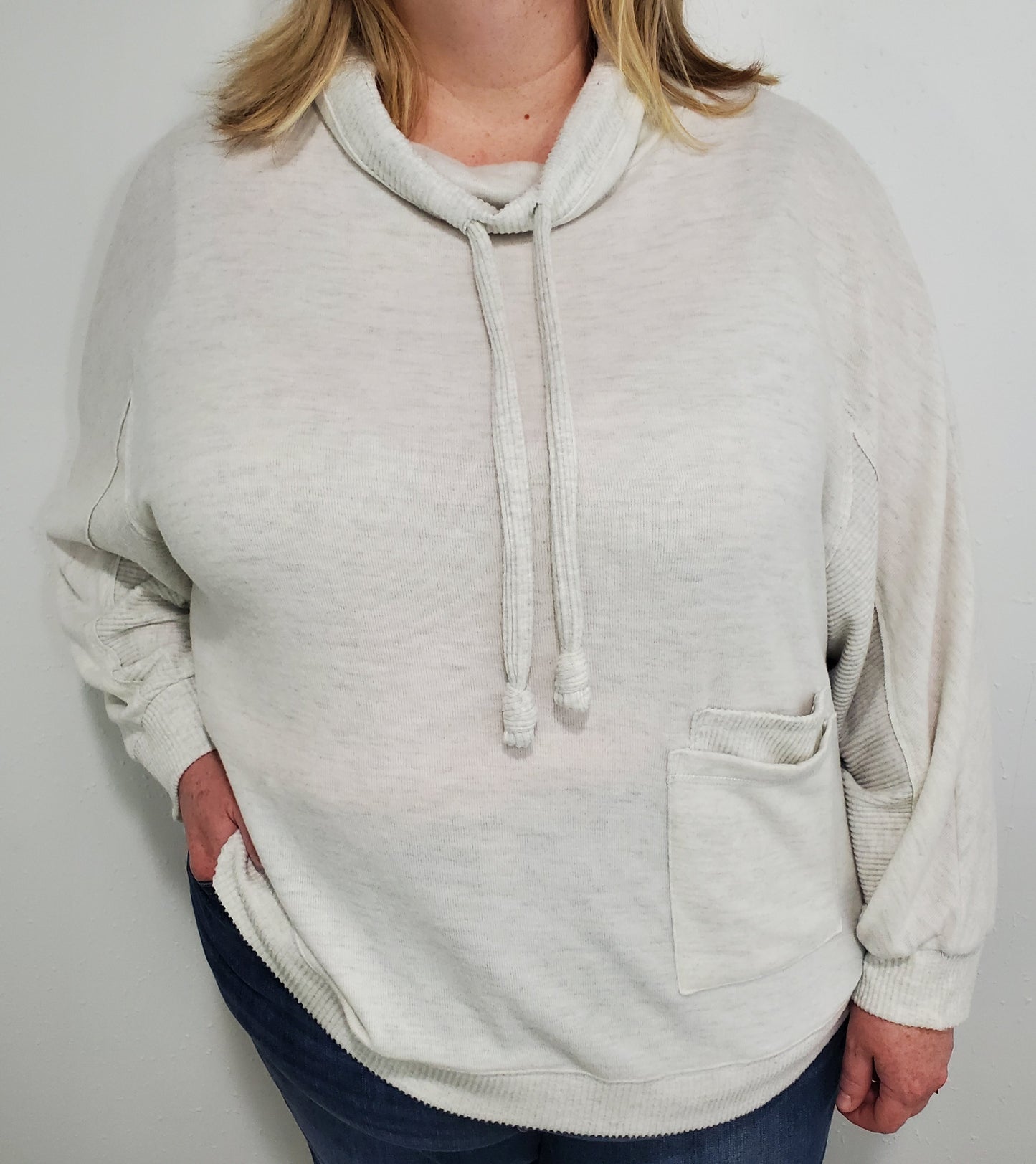 SUPER SOFT COWL NECK TOP - HEATHER ECRU