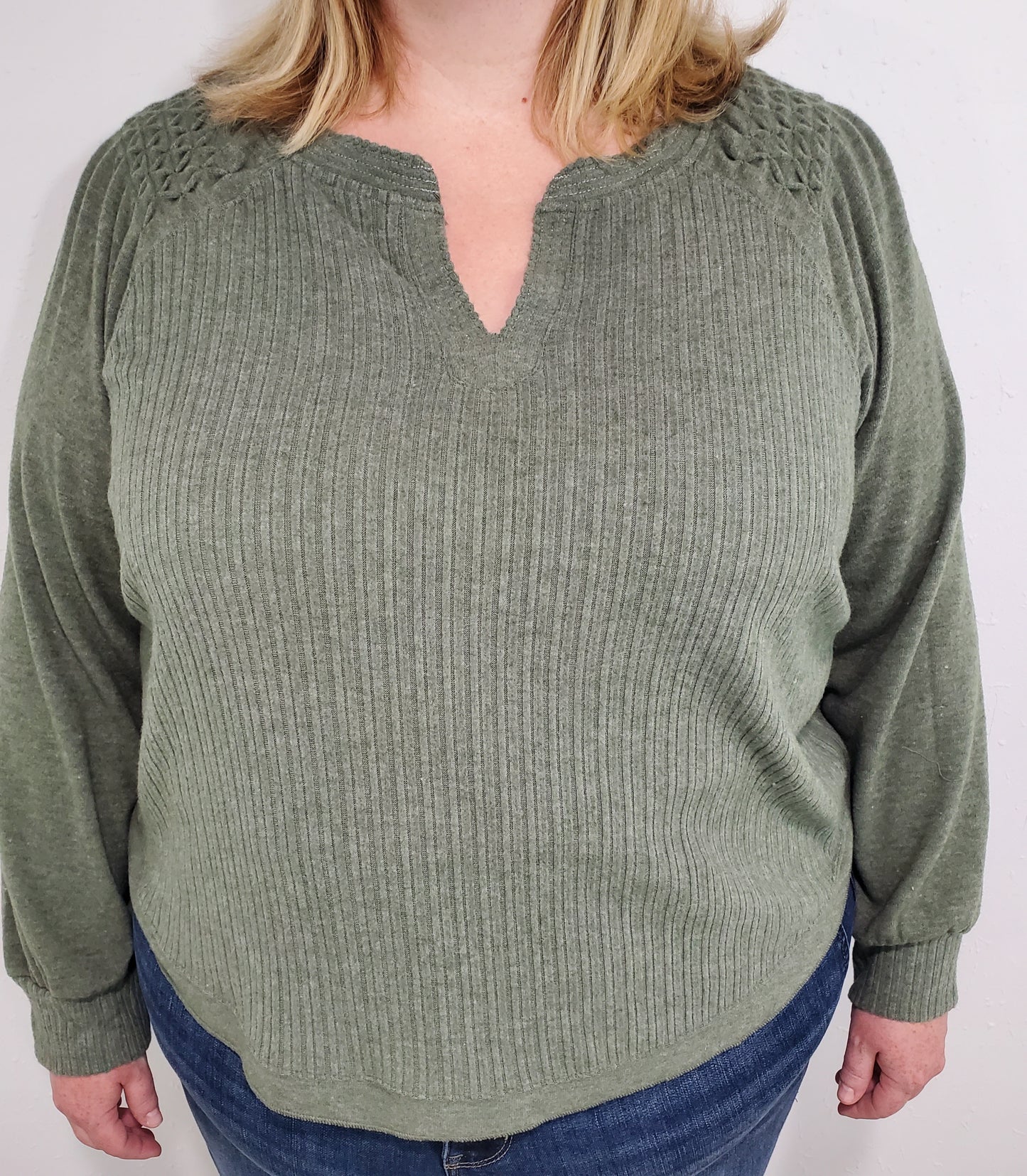 MIXED MEDIA TEXTURED TOP - HEATHER OLIVE