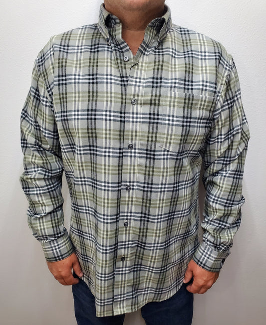 WELLS BUTTON DOWN FLANNEL SHIRT - OLIVE/GREY