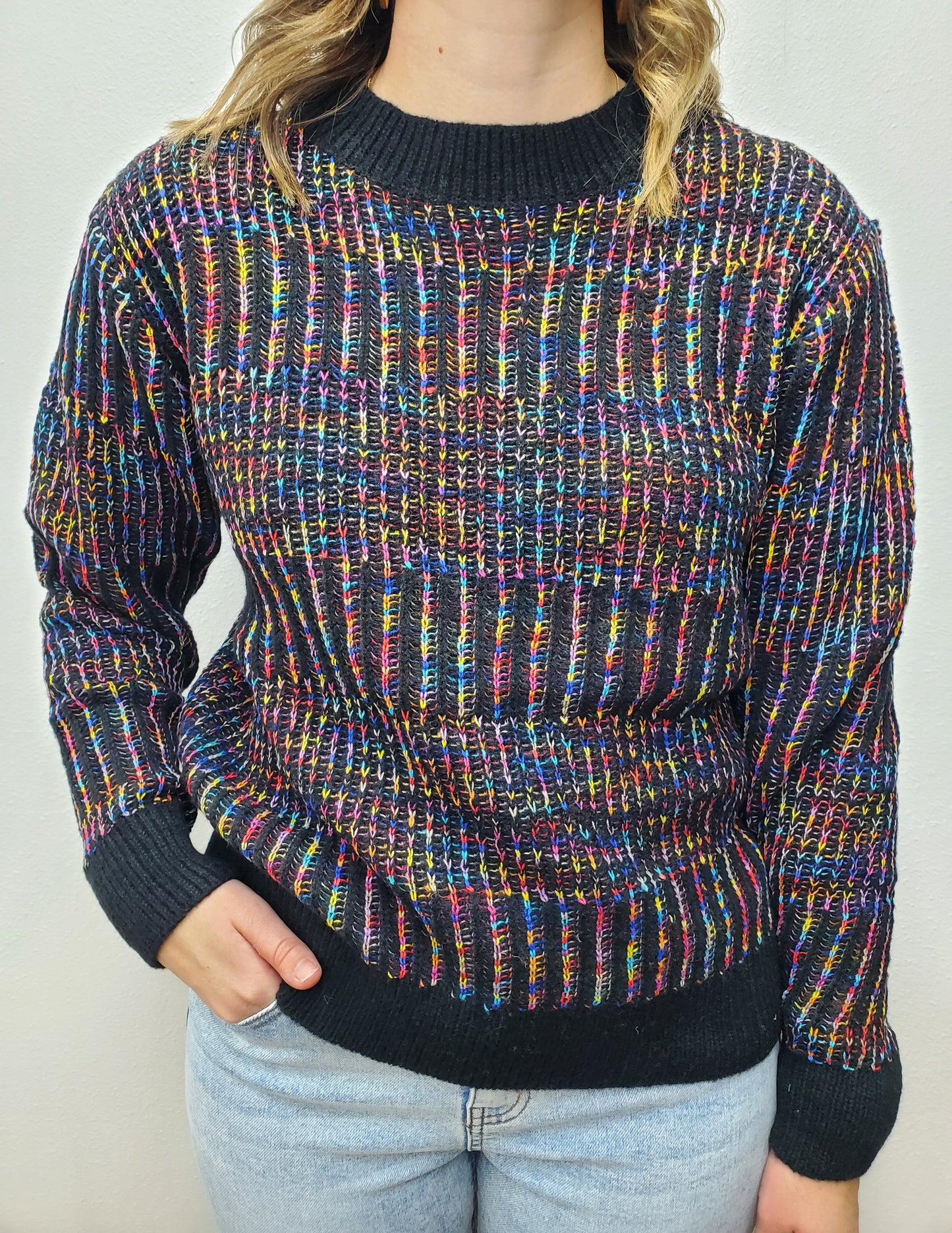 RAINBOW CREW SWEATER - BLACK MULTI