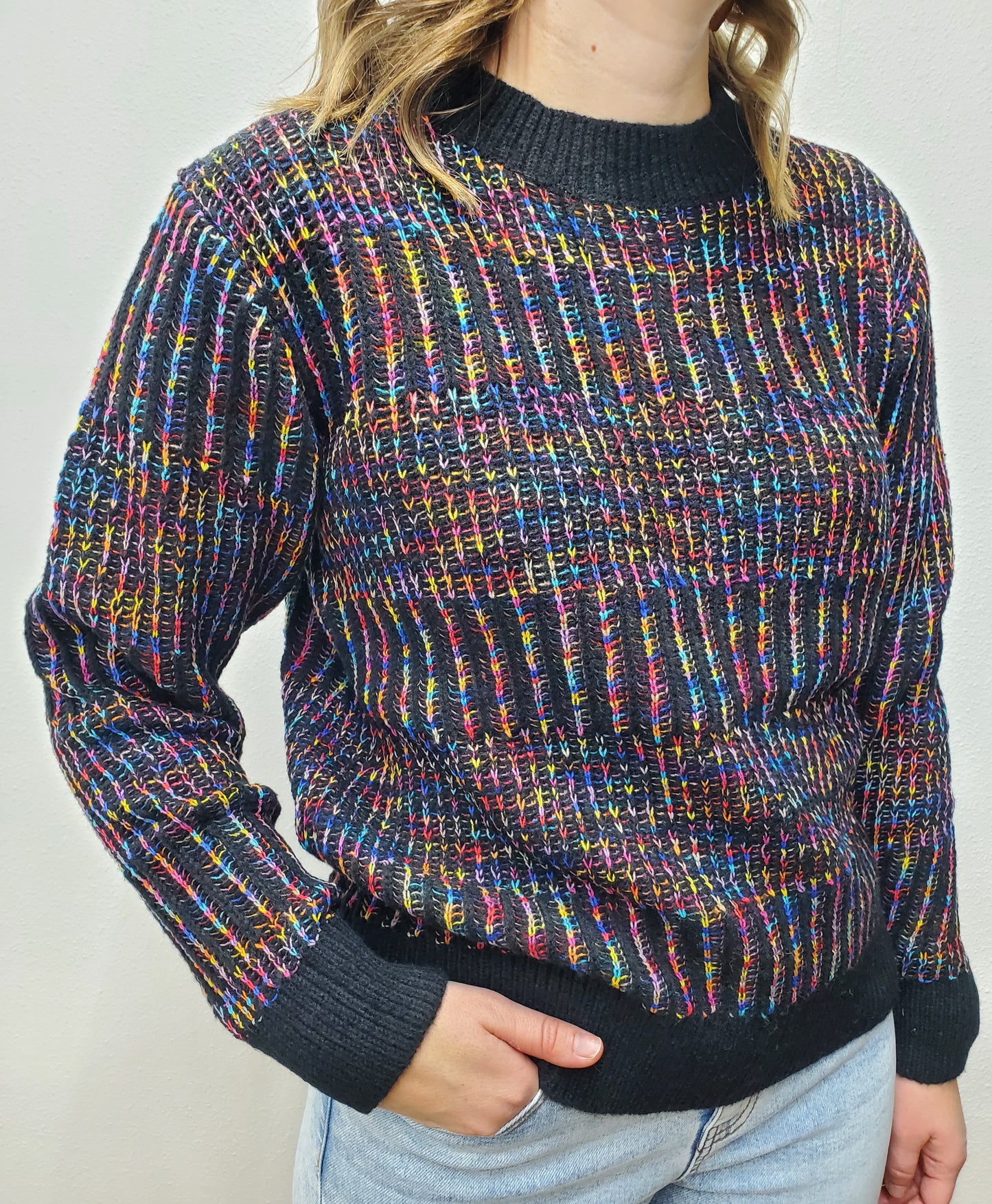 RAINBOW CREW SWEATER - BLACK MULTI