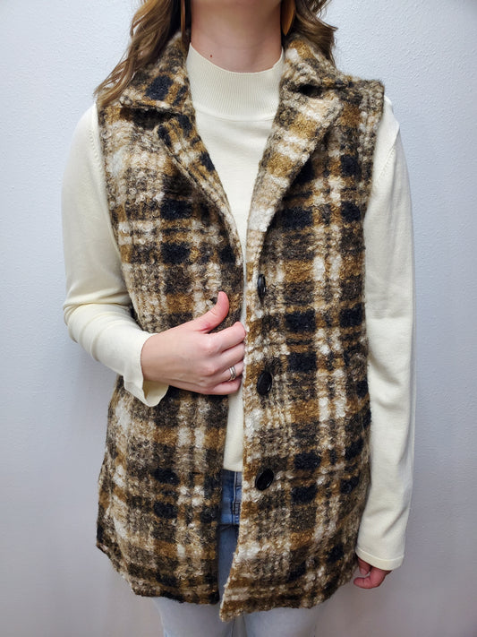 PLAID BOUCLE VEST - TAN MULTI