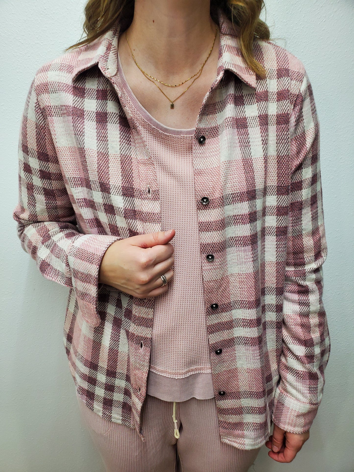 MINOT KNIT FLANNEL SHACKET - MAUVE PLAID