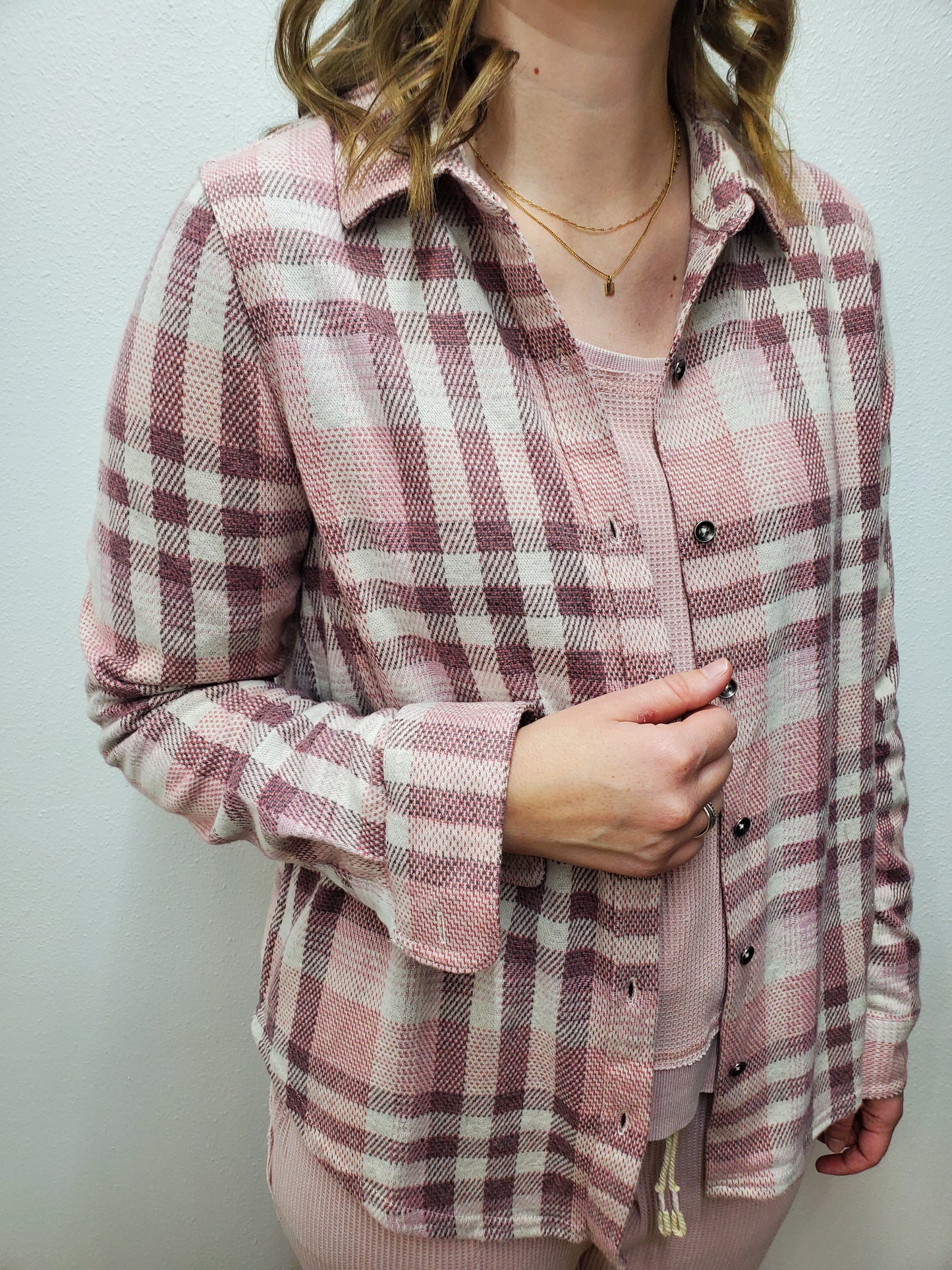 MINOT KNIT FLANNEL SHACKET - MAUVE PLAID