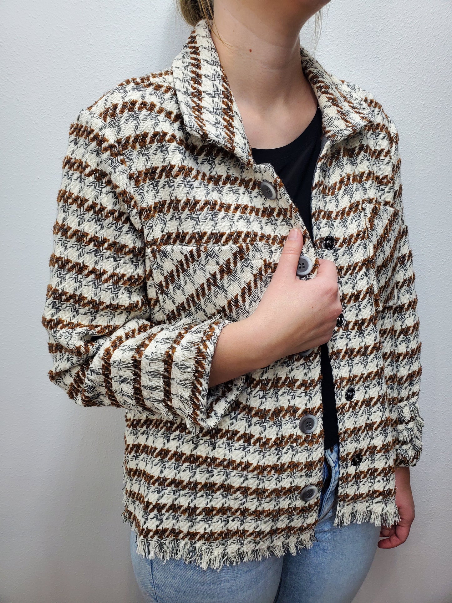 TRIPLE FRINGE HOUNDSTOOTH JACKET - IVORY/GOLD